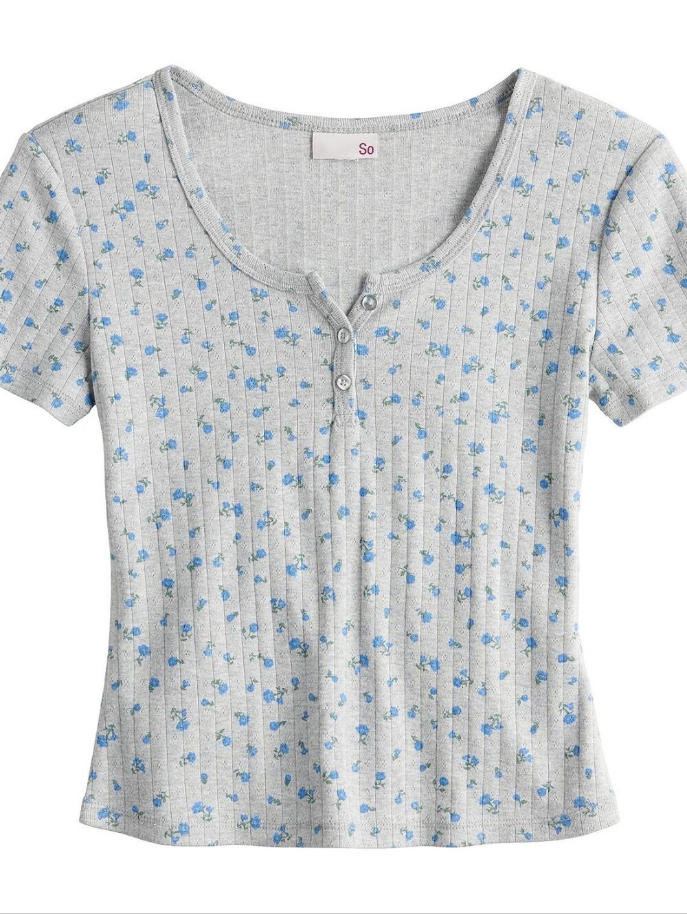 SO Heather Gray Ribbed Short Sleeve Henley with Blue Floral Print